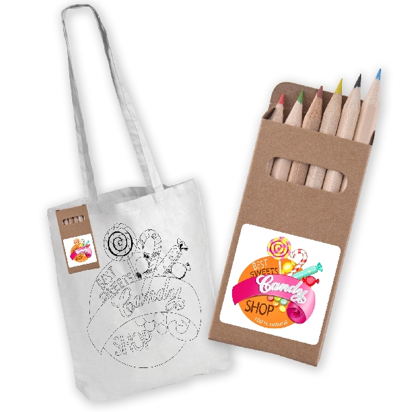 White Long Handle Cotton Bag with Colouring Pencils -  LL5524