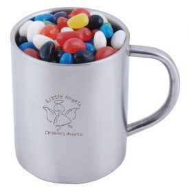 Assorted Colour Mini Jelly Beans in Double Wall Stainless Steel Barrel Mug LL8623